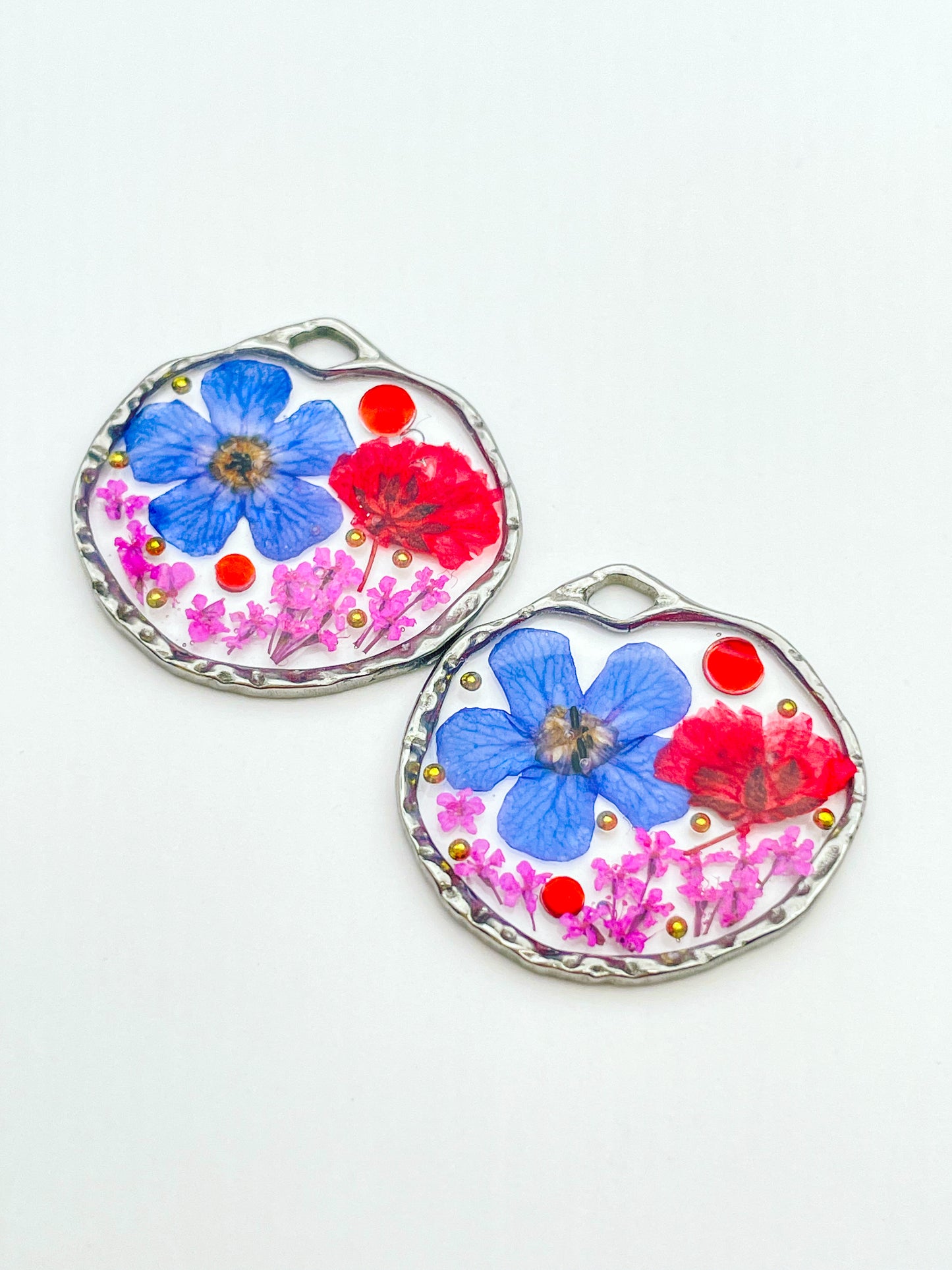 Dangle earrings with red poppy and blue flowers