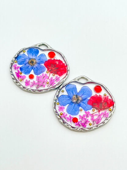 Dangle earrings with red poppy and blue flowers