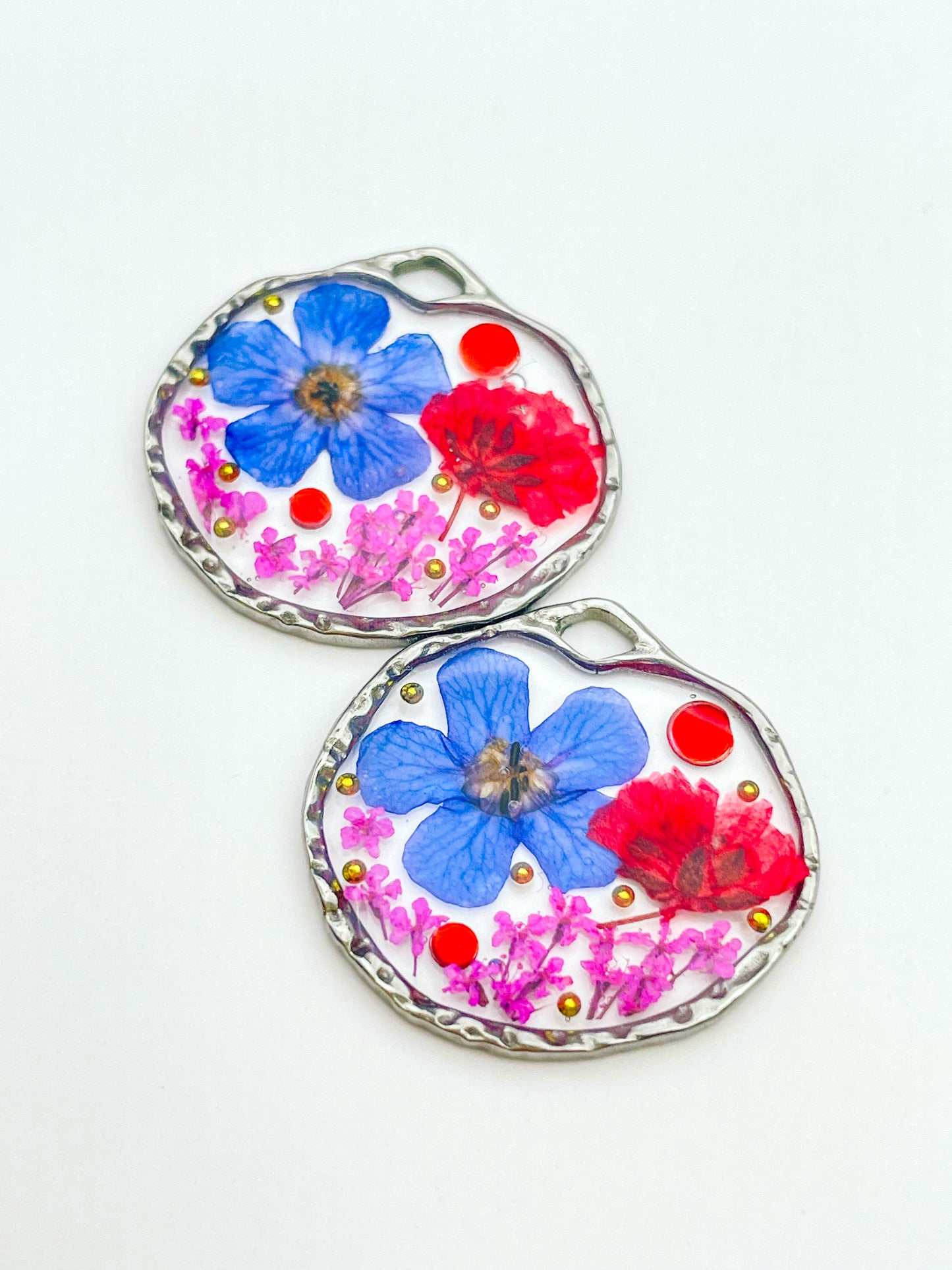 Dangle earrings with red poppy and blue flowers