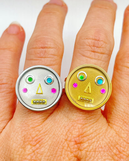 Funny Face Robot Statement Ring: 18k Gold Plated Adjustable Ring