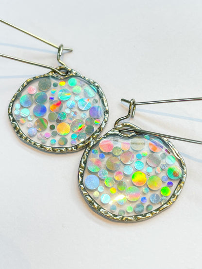 Small disco earrings with holographic silver sparkles