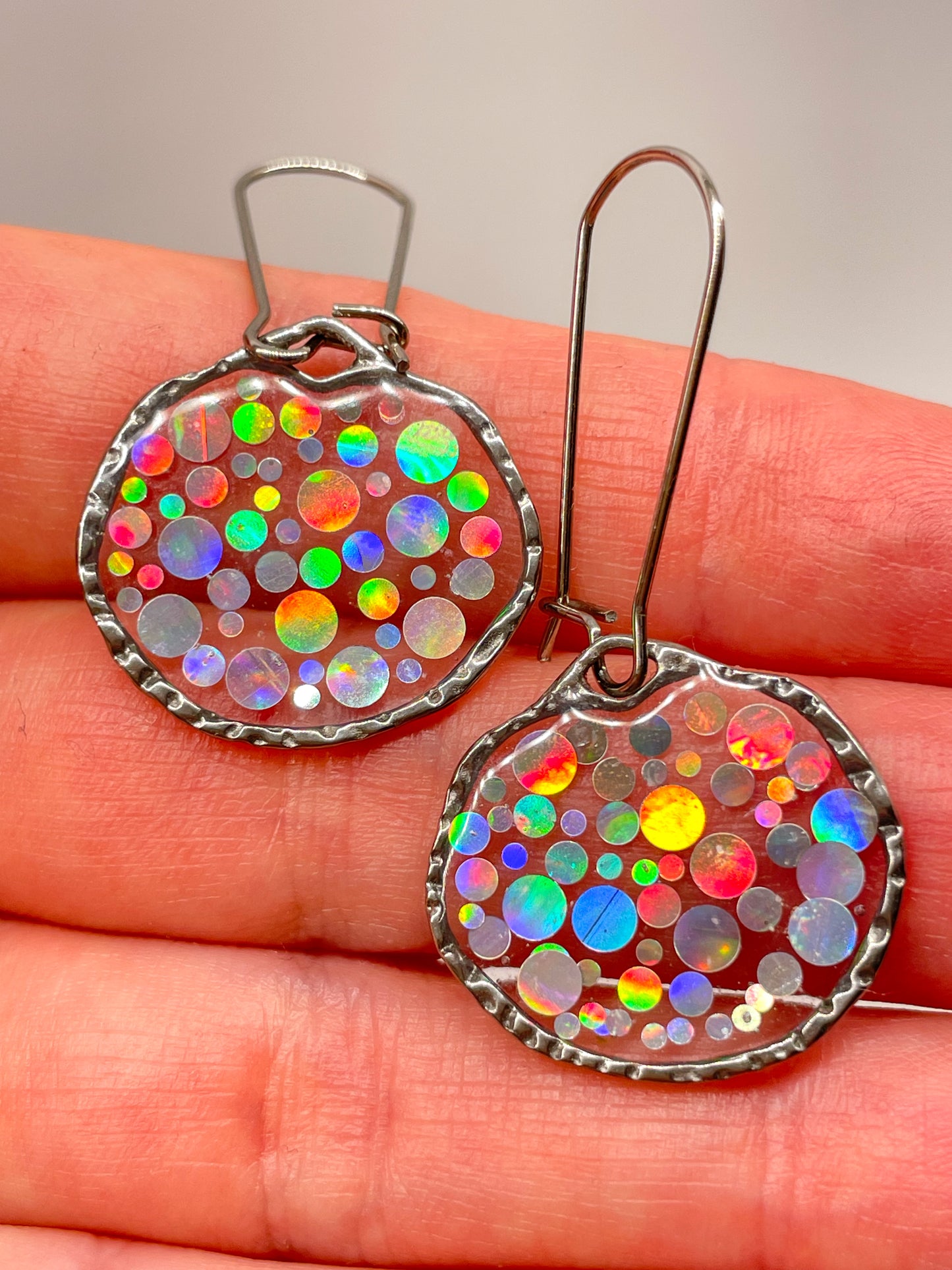 Small disco earrings with holographic silver sparkles
