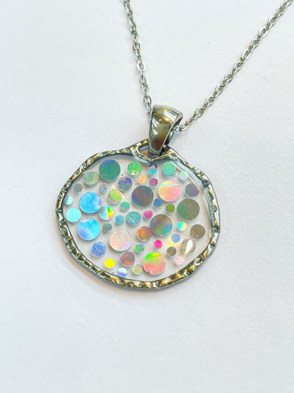 Small disco pendant necklace with  holographic silver sparkles