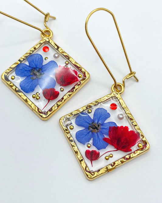 Square earrings with red poppies and blue flowers