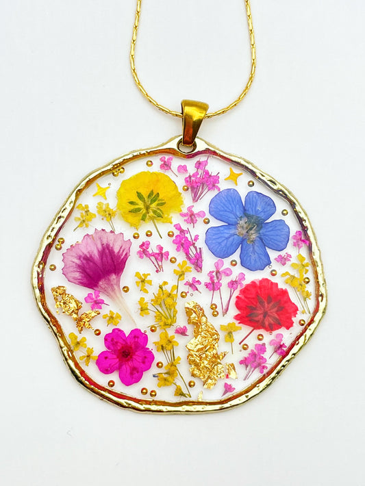 Large statement pendant necklace with colourful flowers